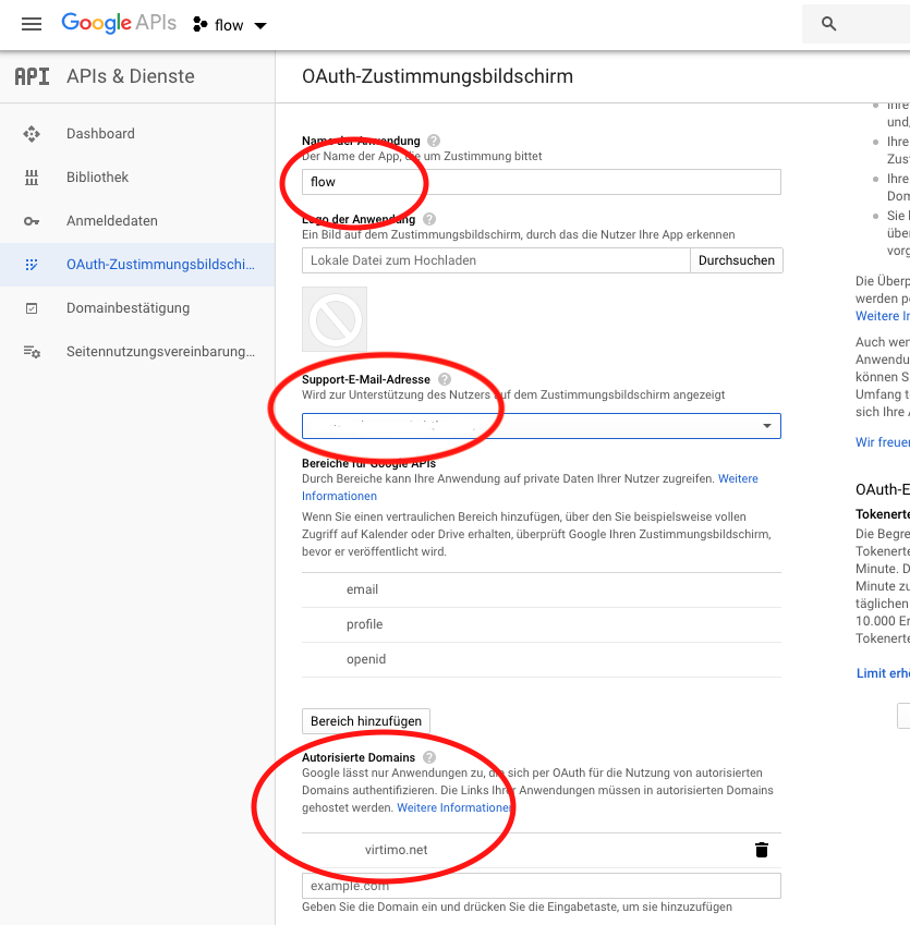 Zustimmungsbildschirm Konfiguration