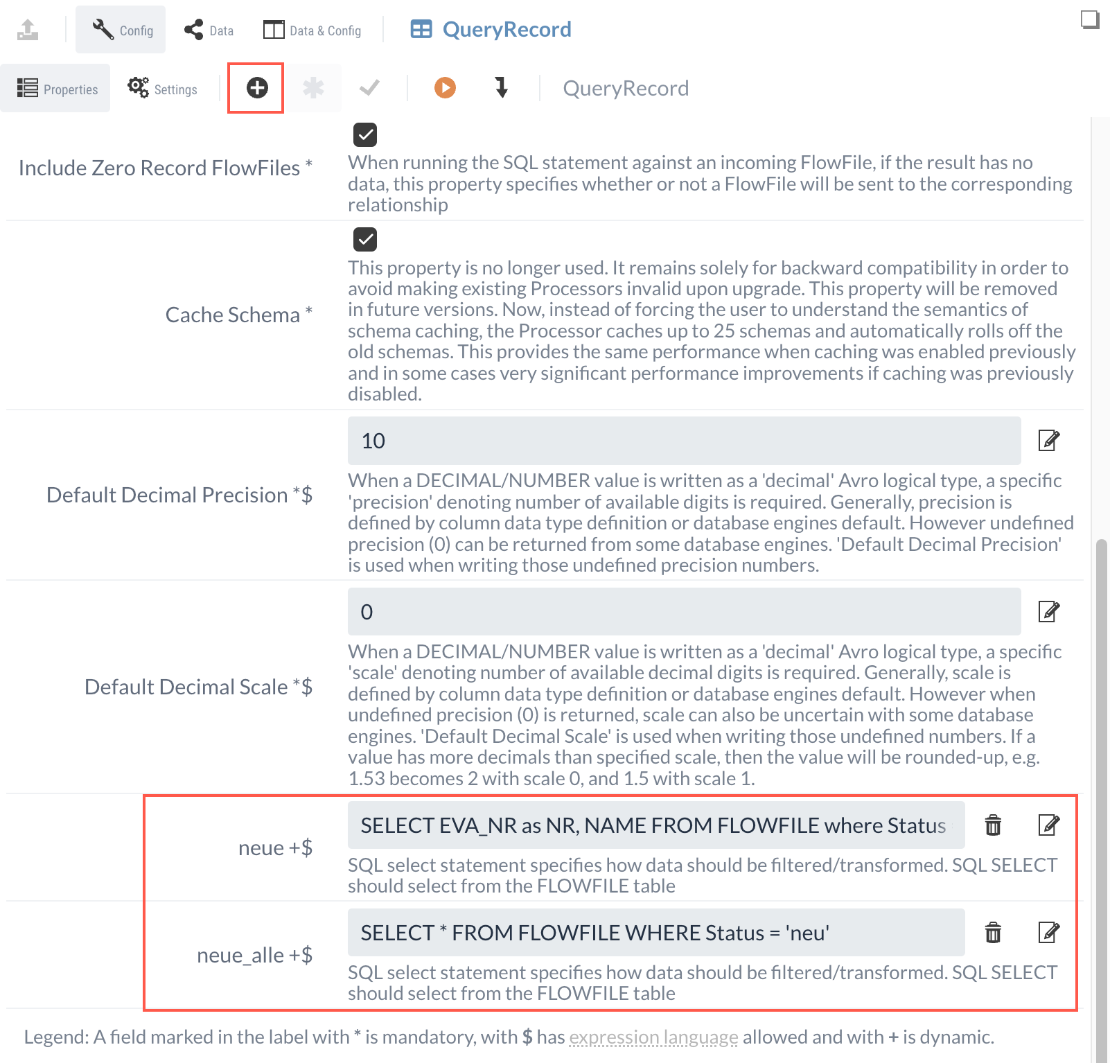 Neue QueryRecord-Einstellungen mit zwei Dynamic Properties