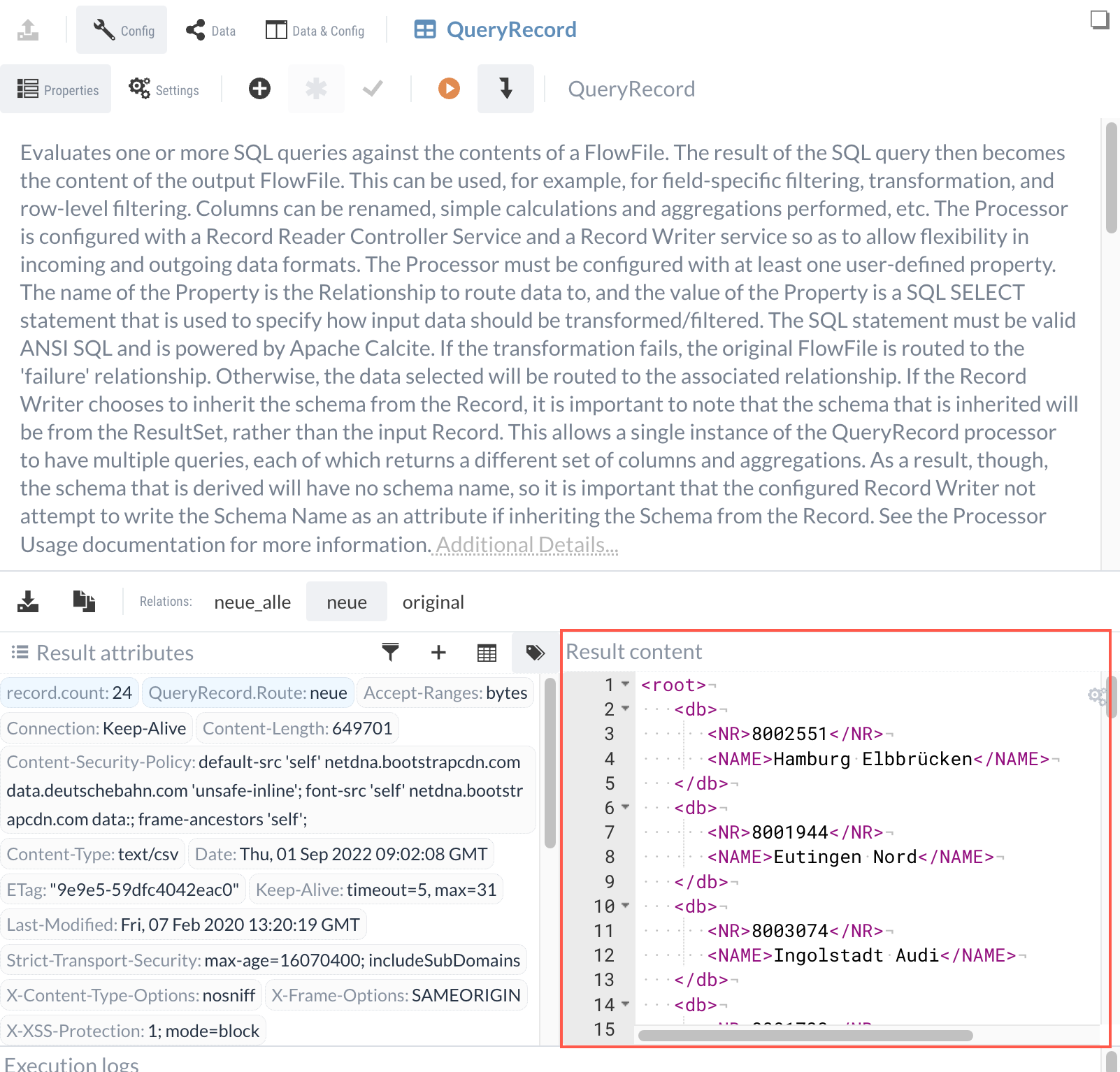 Testausführung des QueryRecord-Prozessors